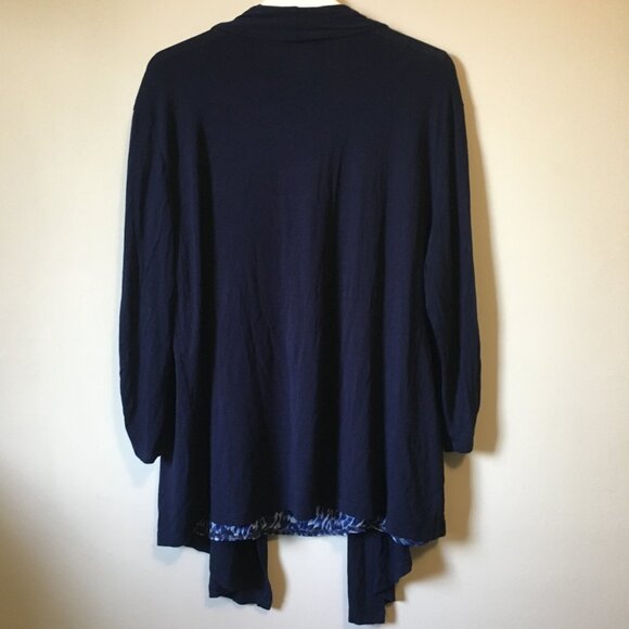 Dark Navy Blue Open Waterfall Cardigan With Pintuck Blue Animal Print Tank Top - Picture 2 of 16